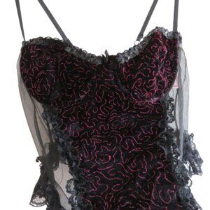 VINTAGE EMIL BOLE Lace Ruffle Black Mesh Velvet Metallic Bodysuit Teddy Goth